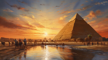 Fototapeta na wymiar oil painting on canvas, view of pyramid. Artwork. Big ben. Pyramid as sunset. Egypt (ai generated)