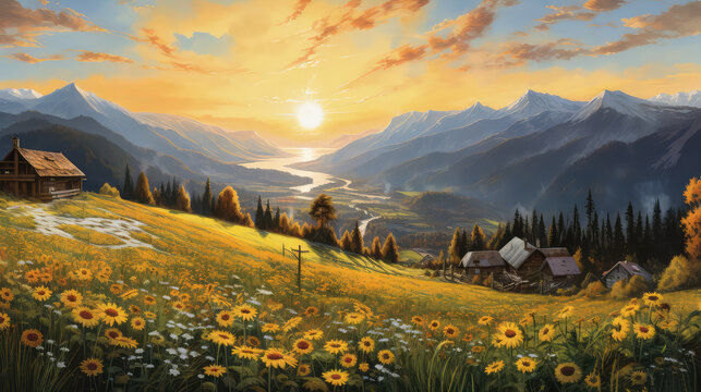 oil painting on canvas, meadow view of South Tyrol. Artwork. Big ben. meadow nature as sunset. Tree. Italy (ai generated)