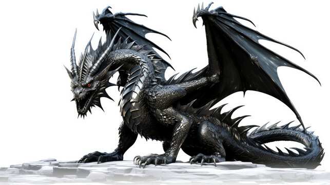 Photo realistic, beautiful majestic black dragon, opulent on white background