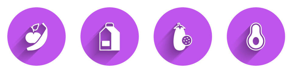 Set Apple and banana, Paper package for milk, Eggplant and Avocado fruit icon with long shadow. Vector