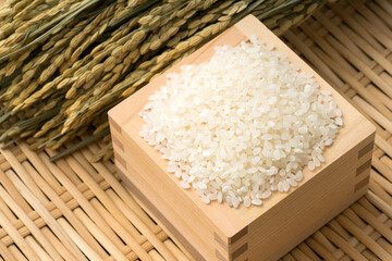 Fototapeta na wymiar 枡に入ったお米と稲穂。新米のイメージ。 