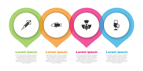 Set Syringe, Puffer fish, Radioactive and Poisoned alcohol. Business infographic template. Vector