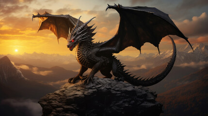 Photo realistic, beautiful majestic black dragon, opulent, mountain background sunset - obrazy, fototapety, plakaty