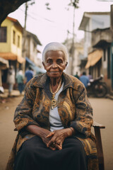 Obraz premium Portrait of an old lady sitting on a good in an African street