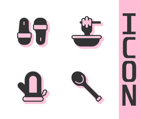 Set Sauna ladle, slippers, mitten and Honey dipper stick with bowl icon. Vector