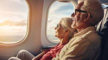 Crédence de cuisine en verre imprimé Ancien avion Senior couple on an airplane ready for vacation