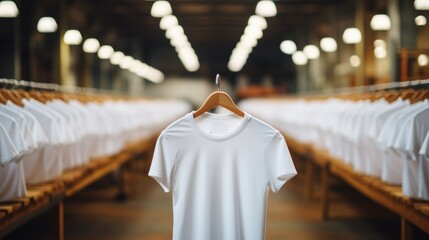 A white T-shirt with no logo hanging in the foreground. The back of the black T-shirt is riding on a hanger.