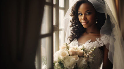 Portrait of black people the beautiful bride against a window indoors
