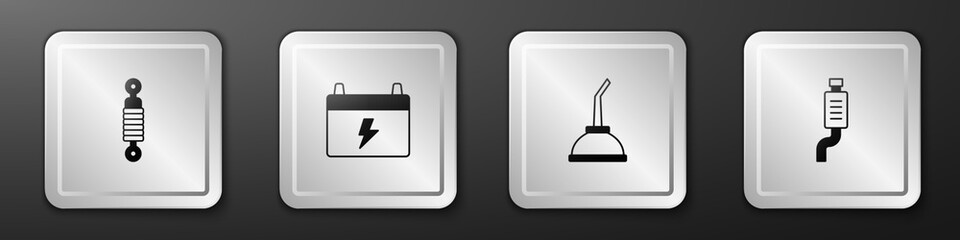 Set Shock absorber, Car battery, Canister for motor machine oil and muffler icon. Silver square button. Vector