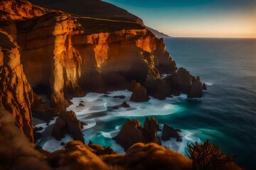 a rugged coastal cliffside during sunset, where the warm hues of the setting sun contrast beautifully with the deep blue sea