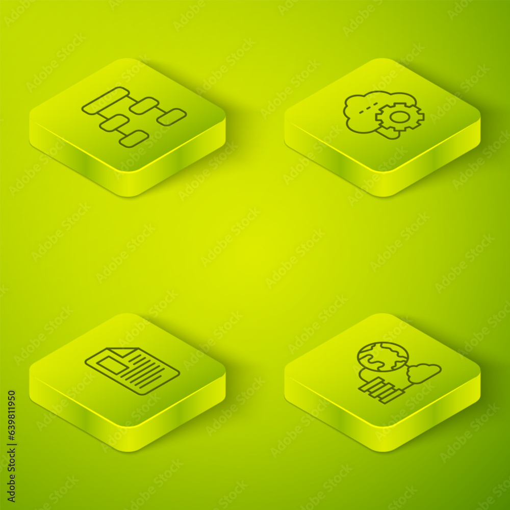 Poster set isometric line cloud technology data transfer, file document, network cloud connection and hiera