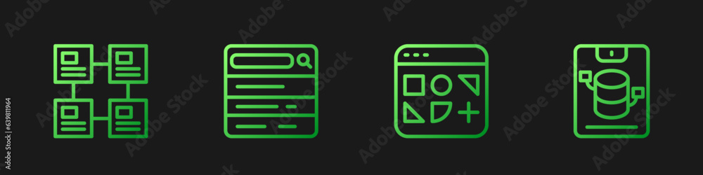 Poster set line different files, hierarchy organogram chart, search engine and server, data, web hosting. g
