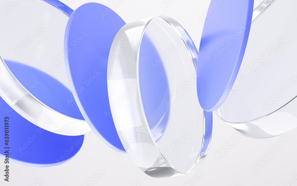 Poster Dynamic background with glass and colorful plastic shapes. 3d rendering illustration.