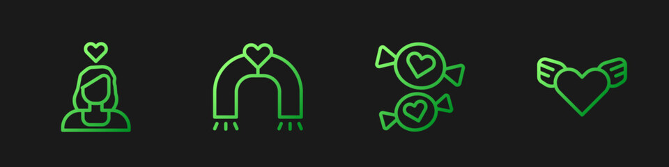 Set line Candy, Couple in love, Love magnet and Heart with wings. Gradient color icons. Vector