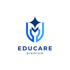 Fototapeta premium shield with hand, book and star for education, school and childcare logo design