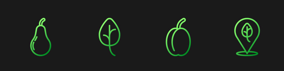 Set line Plum fruit, Pear, Leaf or leaves and Vegan food diet. Gradient color icons. Vector
