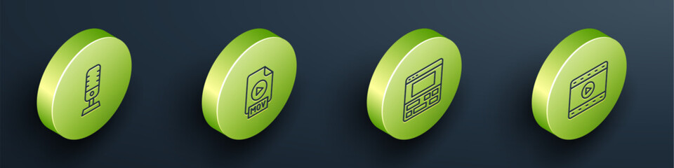 Set Isometric line Microphone, MOV file document, Video recorder laptop and Play icon. Vector