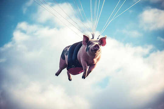 funny pig is flying on parachute in sky