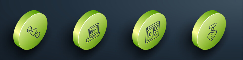 Set Isometric line Romantic relationship, BFF or best friends forever, Dating app online and Necklace with heart shaped icon. Vector