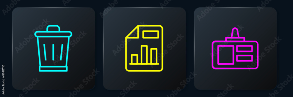 Poster set line trash can, identification badge and document with graph chart. black square button. vector