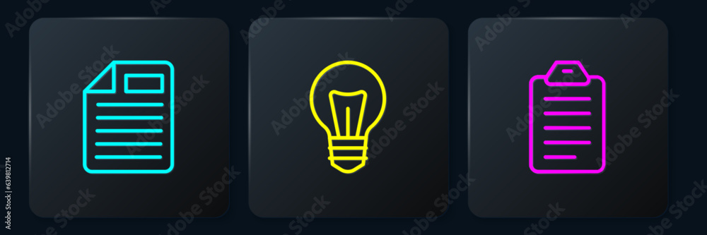 Poster set line file document, to list or planning and light bulb. black square button. vector
