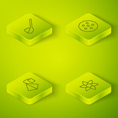 Set Isometric line Cookie or biscuit, Tea bag, Flower and Spoon with sugar icon. Vector