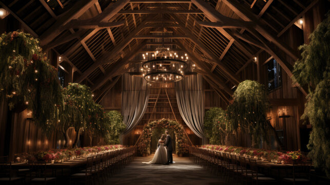 Stylish groom and happy bride hugging under retro bulbs lights in wooden barn. rustic wedding concept, space for text. newlyweds couple embracing, sensual romantic moment