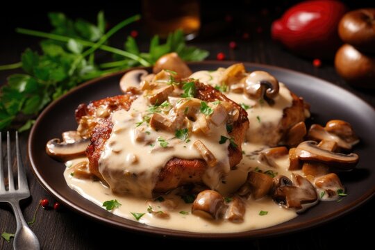 Plate of chicken with mushrooms in a creamy sauce with herbs.