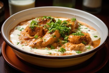 A bowl of chicken stew with sour cream and parsley on a wooden table.