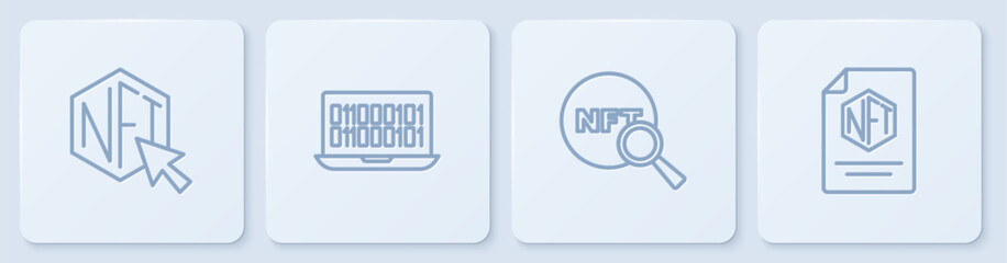 Set line NFT Digital crypto art, Search, Binary code and contract. White square button. Vector