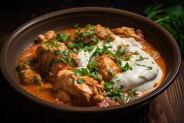 A bowl of chicken stew with sour cream and dill on a wooden table.