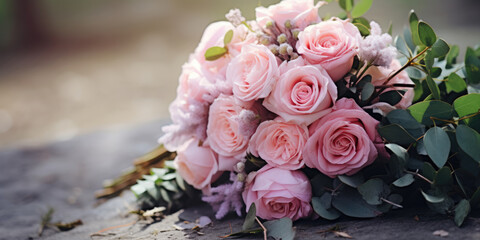Wedding flowers, bridal bouquet closeup. Decoration made of roses, peonies and decorative plants