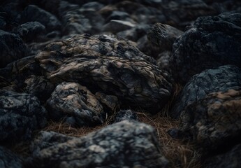 Dark brown rock texture with cracks. Close-up. Rough mountain surface Stone granite background for design Nature