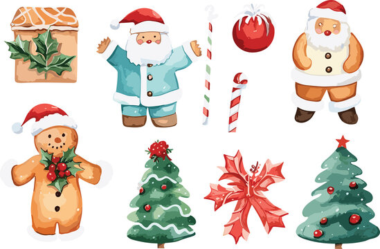 Set of Vector Christmas Icons watercolor.