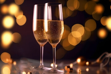 Two festive glasses of sparkling alcoholic drink on table. Holiday background with golden bokeh