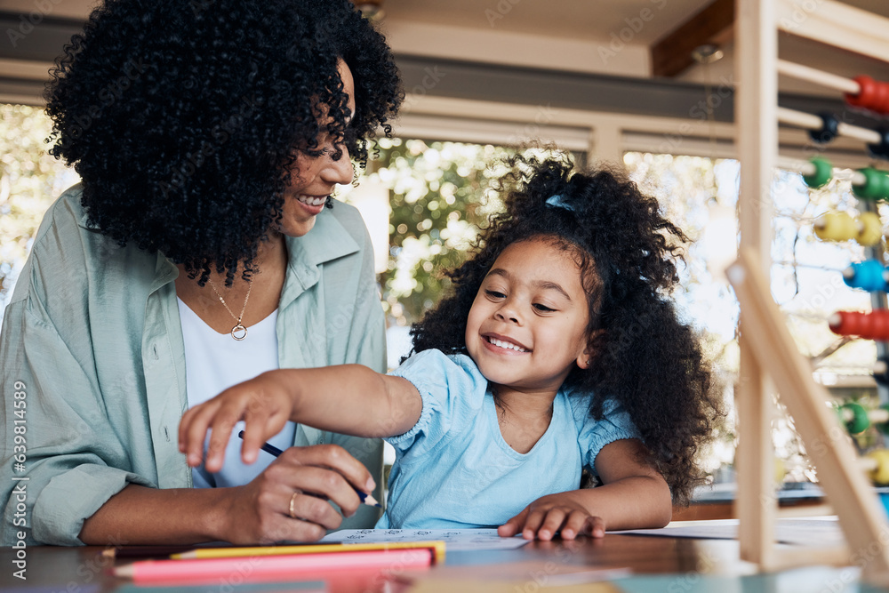 Poster happy, learning and a mother with a child for homework, education support and together for teaching.