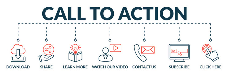 Fototapeta premium Banner of call to action web vector illustration concept with icons of download, share, learn more, watch our video, contact us, subscribe, click here