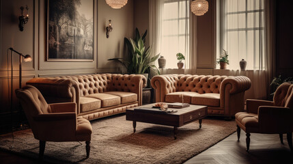 Beige tufted chesterfield sofa and brown wing chairs. Art deco interior design of modern living room.