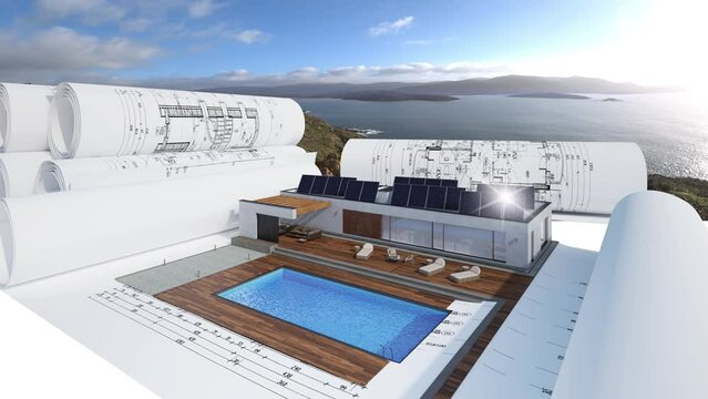 Bauplannung an einem Bungalow mit Swimmingpool in moderner Architektur (Sonnenuntergang im Hintergrund) - 3D Visualisierung mit Video-Hintergrund