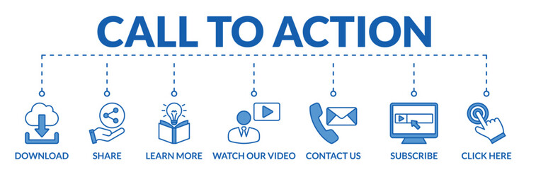 Banner of call to action web vector illustration concept with icons of download, share, learn more, watch our video, contact us, subscribe, click here