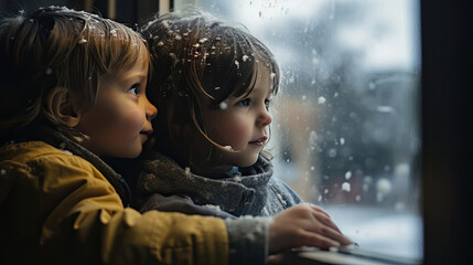 Kids at window looking at snow