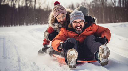 parent and child on sled