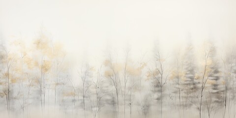 Misty mood in the winter forest. Gold, grey, brown beige ink trees illustration. Romantic and mourning landscape for seasonal or condolence greettings. - obrazy, fototapety, plakaty