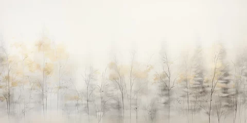 Foto op Plexiglas Misty mood in the winter forest. Gold, grey, brown beige ink trees illustration. Romantic and mourning landscape for seasonal or condolence greettings. © Caphira Lescante