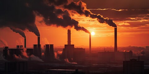 Industrial pollution and Environmental impact. Smokestacks against sky. Factory pollution. Challenging atmosphere