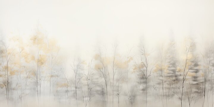 Misty mood in the winter forest. Gold, grey, brown beige ink trees illustration. Romantic and mourning landscape for seasonal or condolence greettings.