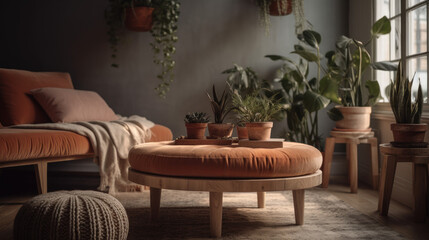 Beige velvet sofa with terra cotta cushions between houseplants. Wooden round coffee table near ottoman on knitted rug.