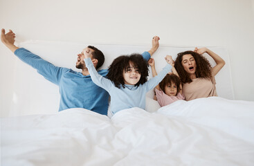 Family, bed and yawn in morning wake up, relax or sleep together with arms up at home. Calm...
