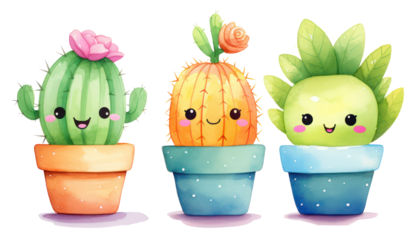 Watercolor funny cute cactus in pot set on white background, Watercolor Cactus Pots for decoration, cactus and succulents set. Cute green cactus in flower pots