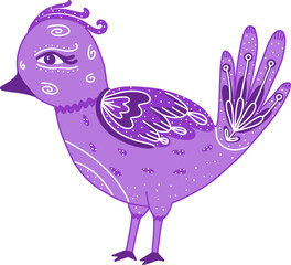 Hand drawn folk bird with ornament in purple color